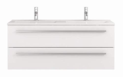 Meuble sous-vasque suspendu blanc brillant avec double vasque et deux tiroirs