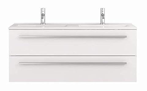 Meuble sous-vasque suspendu blanc brillant avec double vasque et deux tiroirs