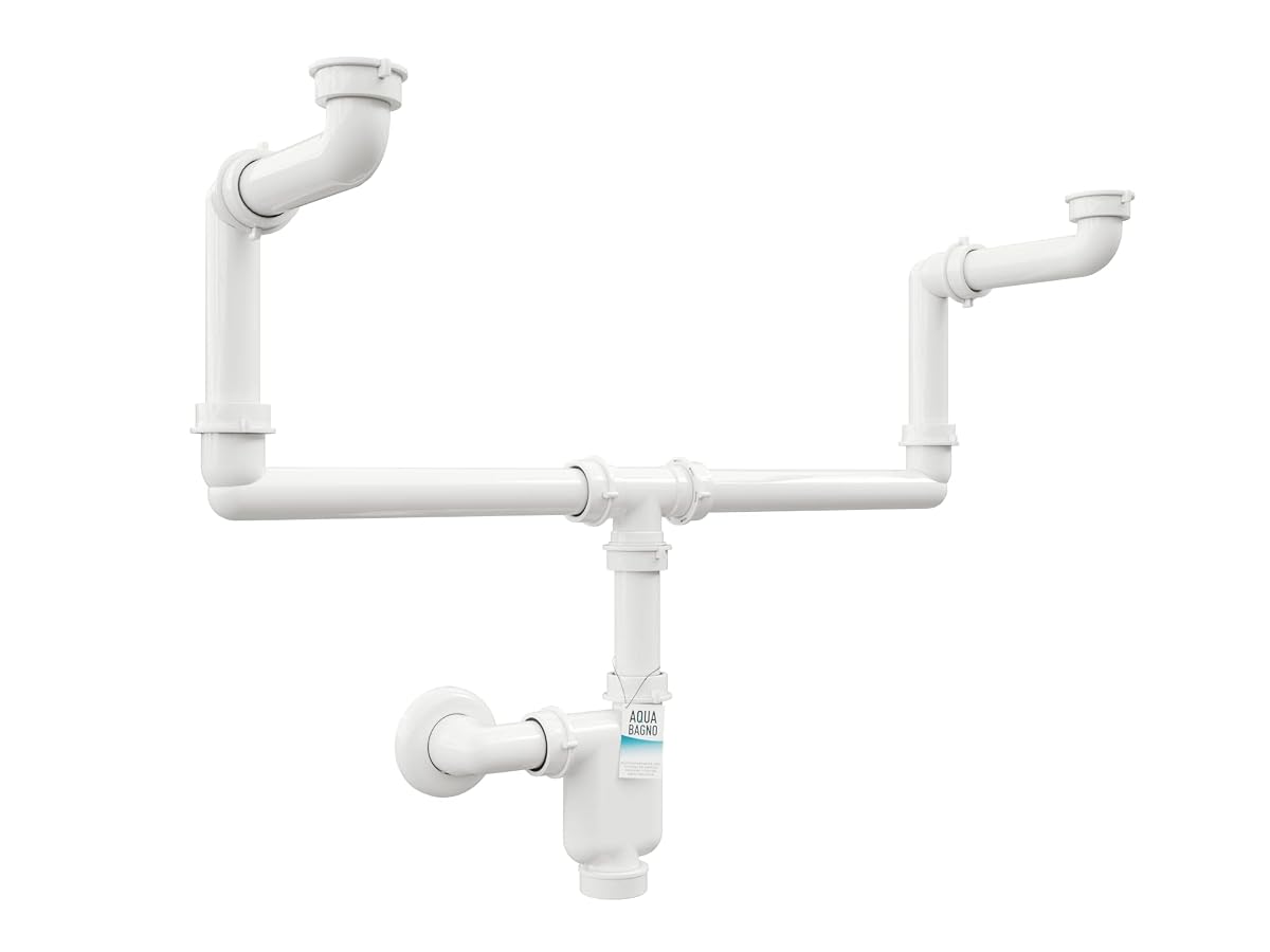 Siphon plat blanc installé sous un double lavabo dans un meuble de salle de bain en chêne clair