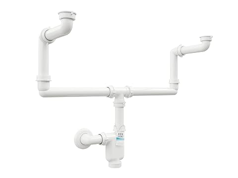 Siphon plat blanc installé sous un double lavabo dans un meuble de salle de bain en chêne clair