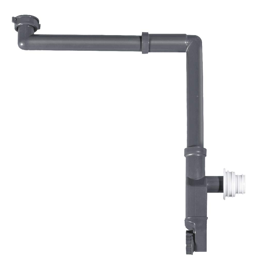 Siphon de lavabo compact gris à sortie murale installé sous une vasque ivoire