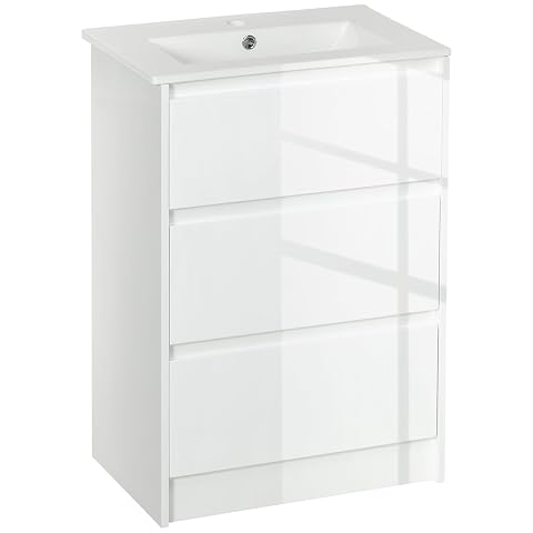 Meuble sous lavabo blanc brillant avec vasque intégrée et deux tiroirs dans une salle de bain claire