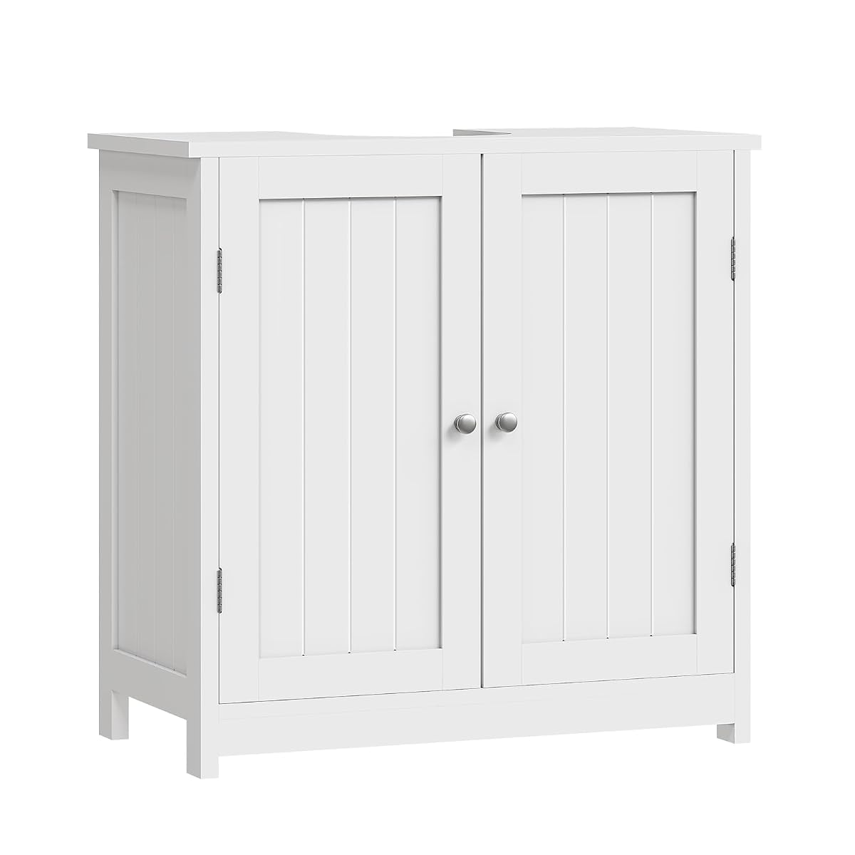 Meuble sous lavabo blanc à deux portes placé sous un lavabo à colonne en céramique ivoire