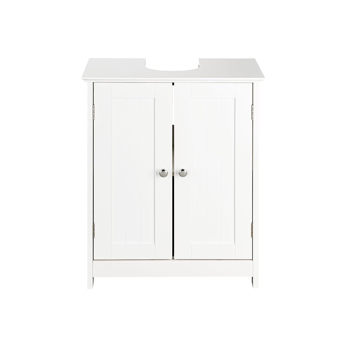 Meuble sous lavabo blanc style shaker avec poignées en bois dans une salle de bain lumineuse.