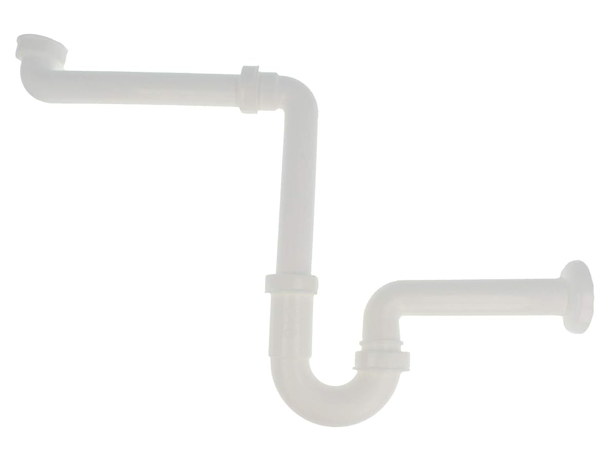 Siphon de lavabo blanc avec tube plongeur coudé et sortie orientée vers le mur
