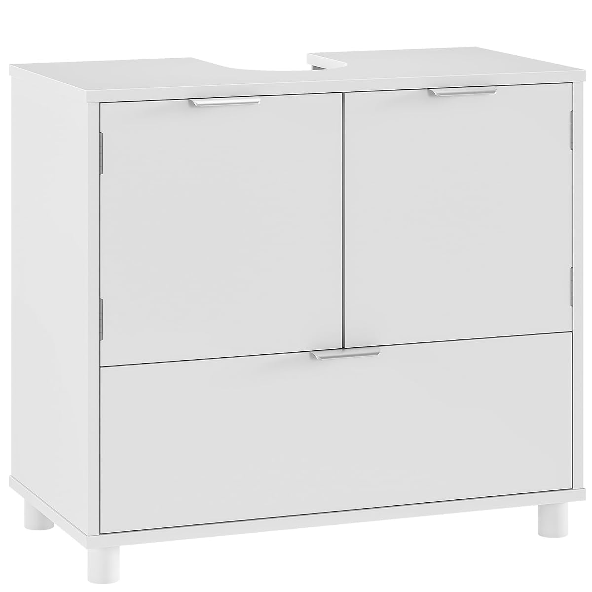 Meuble sous lavabo blanc avec tiroir, rangements fermés et quatre pieds en bois dans une salle de bain claire