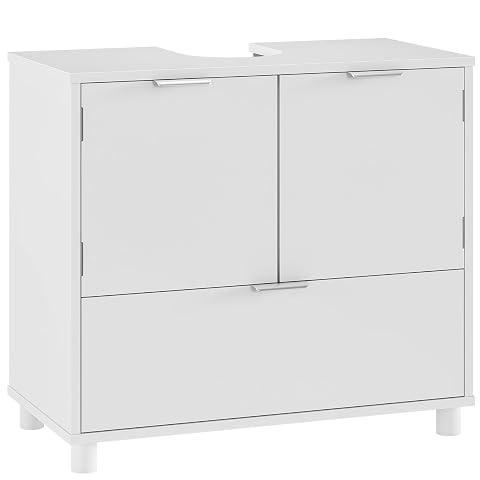 Meuble sous lavabo blanc avec tiroir, rangements fermés et quatre pieds en bois dans une salle de bain claire