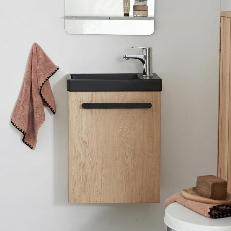 Meuble lave-mains suspendu Nevada au décor chêne avec vasque noire et poignée porte-serviette