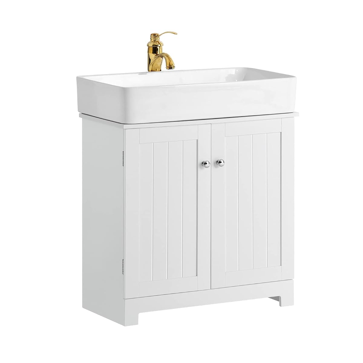 Meuble sous lavabo blanc sur pieds avec portes rainurées, poignées noires et découpe en U