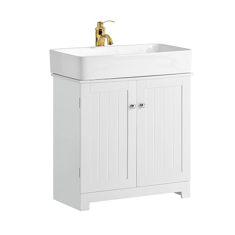 Meuble sous lavabo blanc sur pieds avec portes rainurées, poignées noires et découpe en U