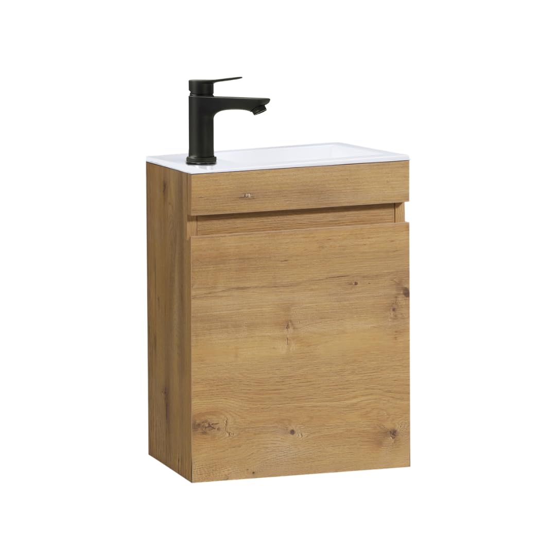 Meuble lave-mains mural aspect chêne avec vasque en marbre synthétique dans un petit WC lumineux