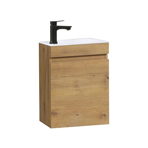 Meuble lave-mains mural aspect chêne avec vasque en marbre synthétique dans un petit WC lumineux