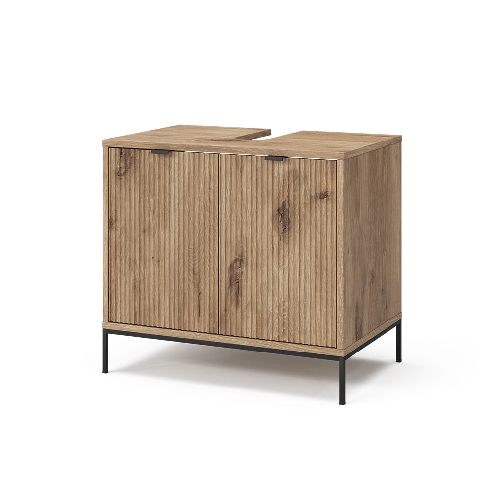 Meuble sous-lavabo Vicco Eliza à deux portes, finition chêne et pieds métalliques