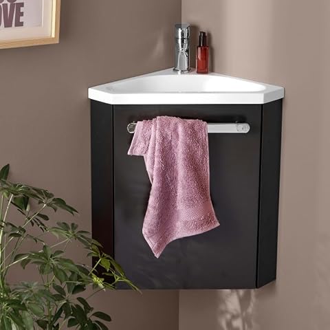 Meuble lave-mains d’angle suspendu noir satiné avec vasque blanche en résine et poignée chromée