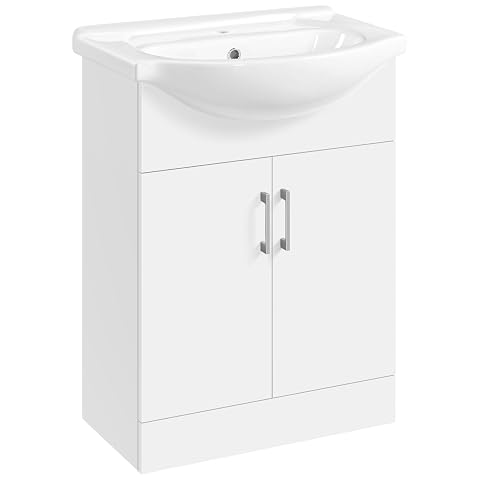 Meuble sous lavabo sur pieds avec vasque semi-circulaire en céramique et rangement intégré