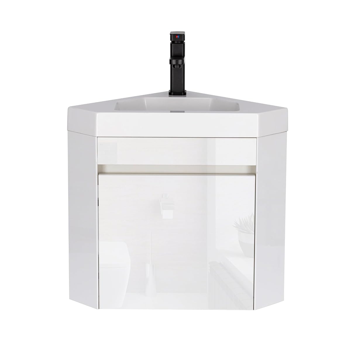 Meuble lave-mains blanc suspendu d’angle avec vasque en céramique, robinet et rangement intégré