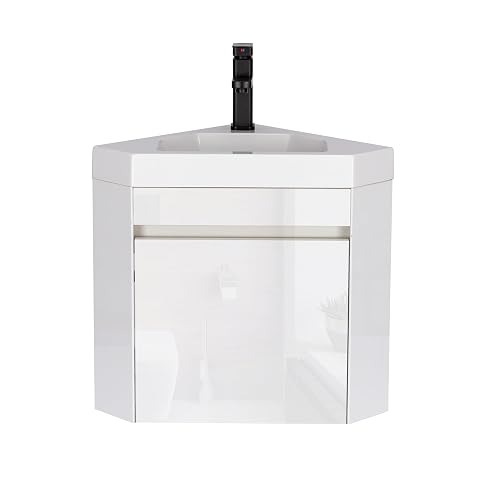 Meuble lave-mains blanc suspendu d’angle avec vasque en céramique, robinet et rangement intégré