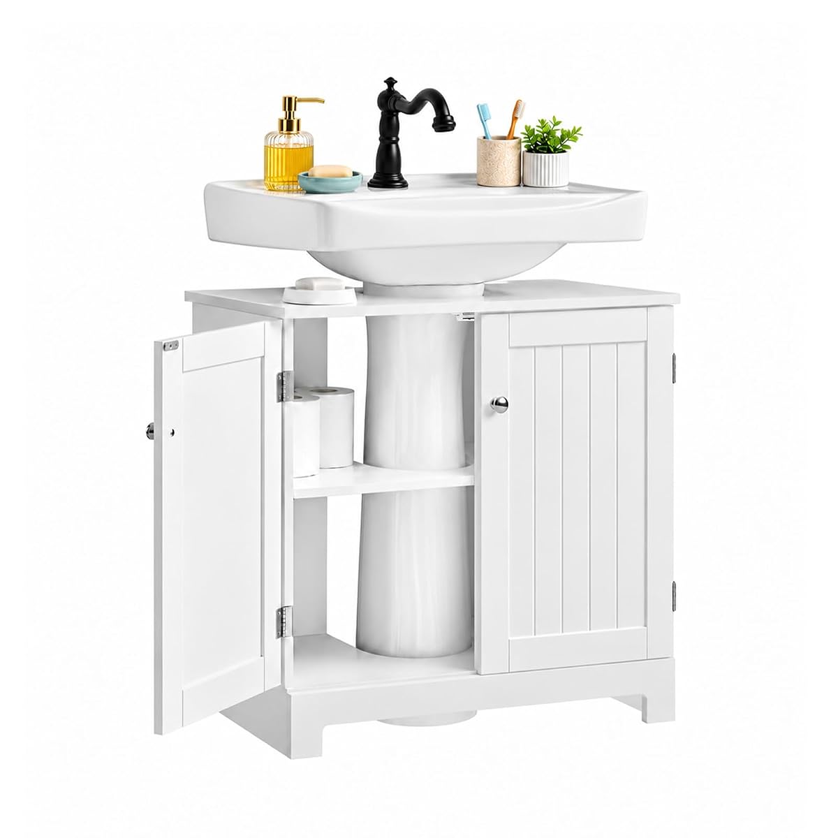 Meuble sous lavabo blanc à découpe en U installé autour du pied d’un lavabo colonne