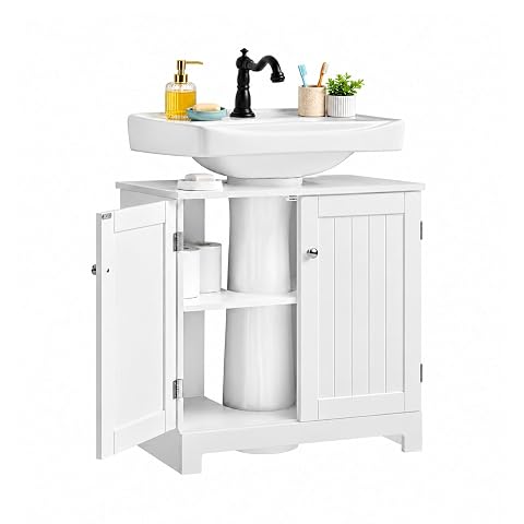 Meuble sous lavabo blanc à découpe en U installé autour du pied d’un lavabo colonne
