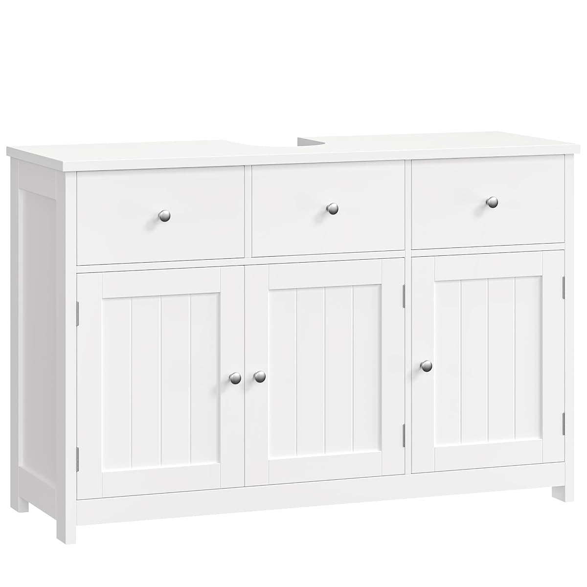Meuble sous lavabo blanc sur pieds avec trois portes et deux tiroirs dans une salle de bain claire