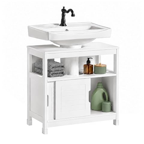 Meuble sous lavabo blanc à découpe en U, avec niche ouverte et deux portes coulissantes