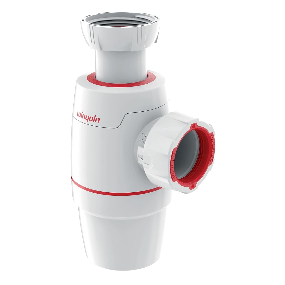 Siphon de lavabo Wirquin compact en polypropylène blanc avec éléments rouges, présenté sous une vasque ivoire