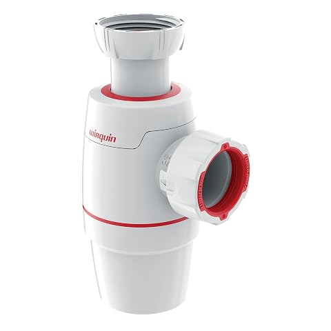 Siphon de lavabo Wirquin compact en polypropylène blanc avec éléments rouges, présenté sous une vasque ivoire