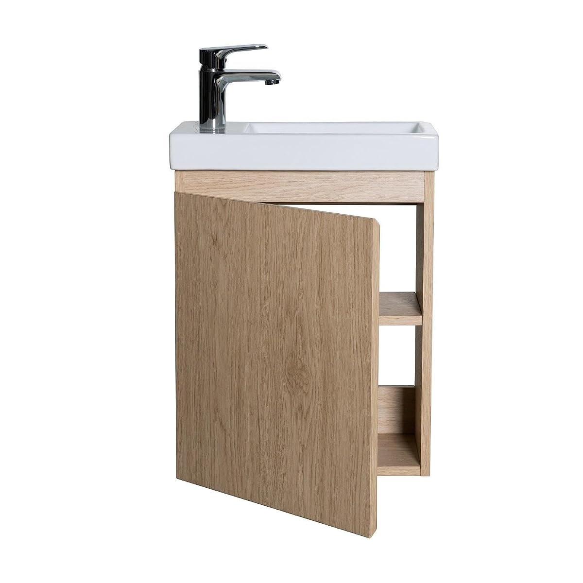 Meuble lave-mains suspendu décor chêne avec vasque en céramique blanche réversible