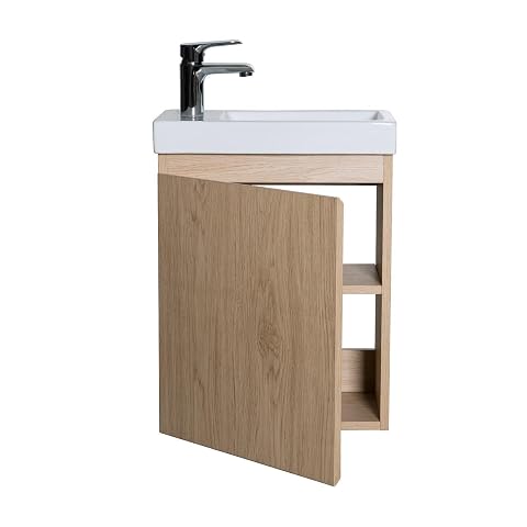 Meuble lave-mains suspendu décor chêne avec vasque en céramique blanche réversible