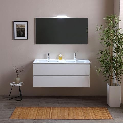 Meuble de salle de bain suspendu Berlin avec double vasque en céramique et miroir éclairé