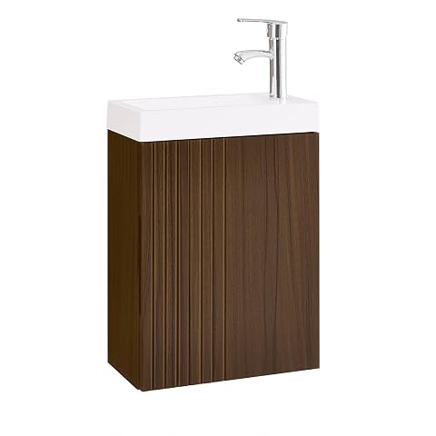 Meuble lave-mains suspendu marron avec vasque blanche en céramique et étagère inférieure