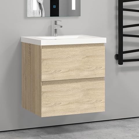 Meuble sous lavabo suspendu en chêne clair avec vasque blanche en céramique émaillée
