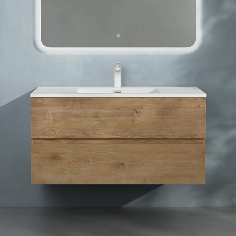 Meuble sous lavabo suspendu effet chêne avec deux tiroirs et vasque blanche en fonte minérale.