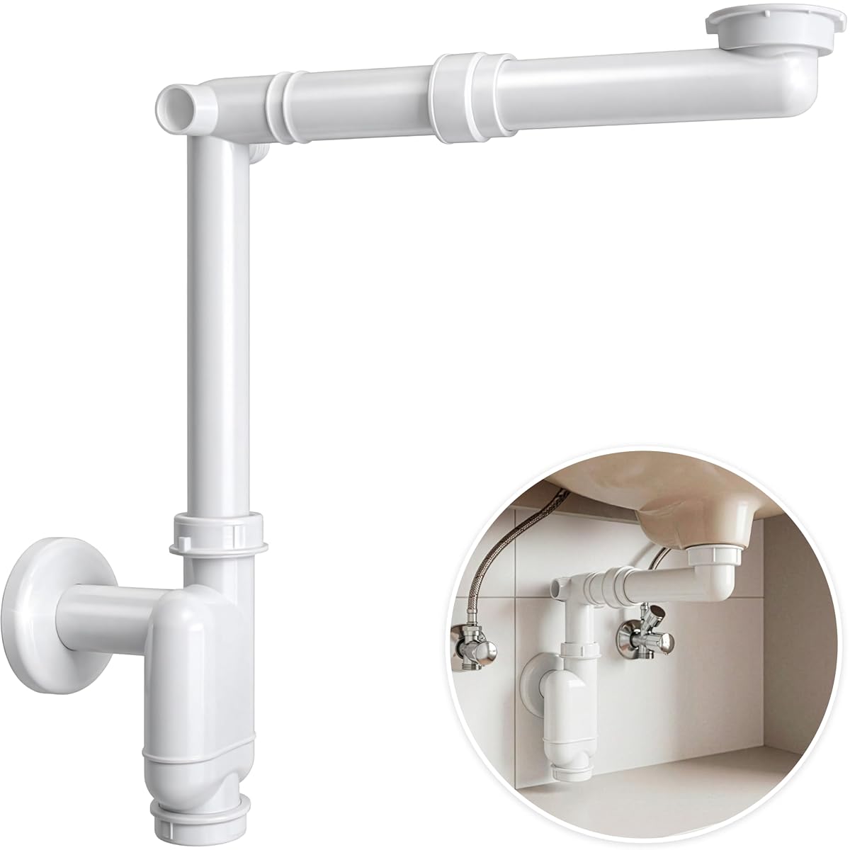 Siphon plat blanc compact installé sous un lavabo dans un meuble de salle de bain lumineux