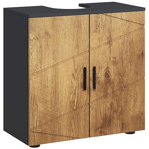 Meuble sous lavabo Kleankin à deux portes, aspect bois naturel et gris anthracite