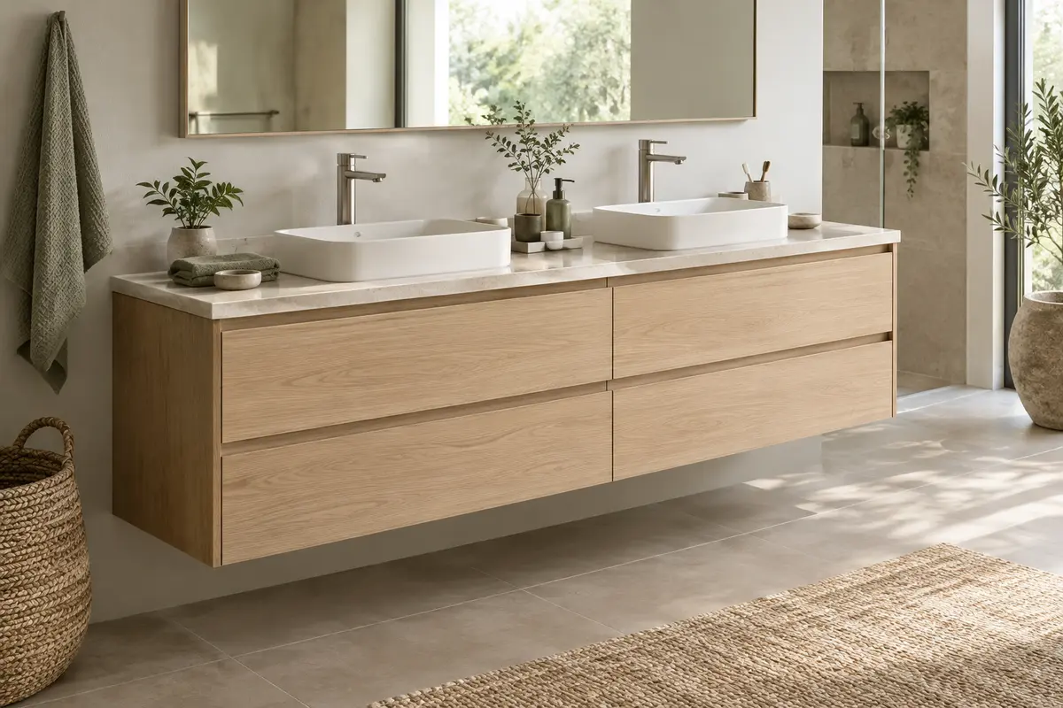 Meuble sous lavabo double vasque avec deux cuves espacées et des tiroirs de rangement