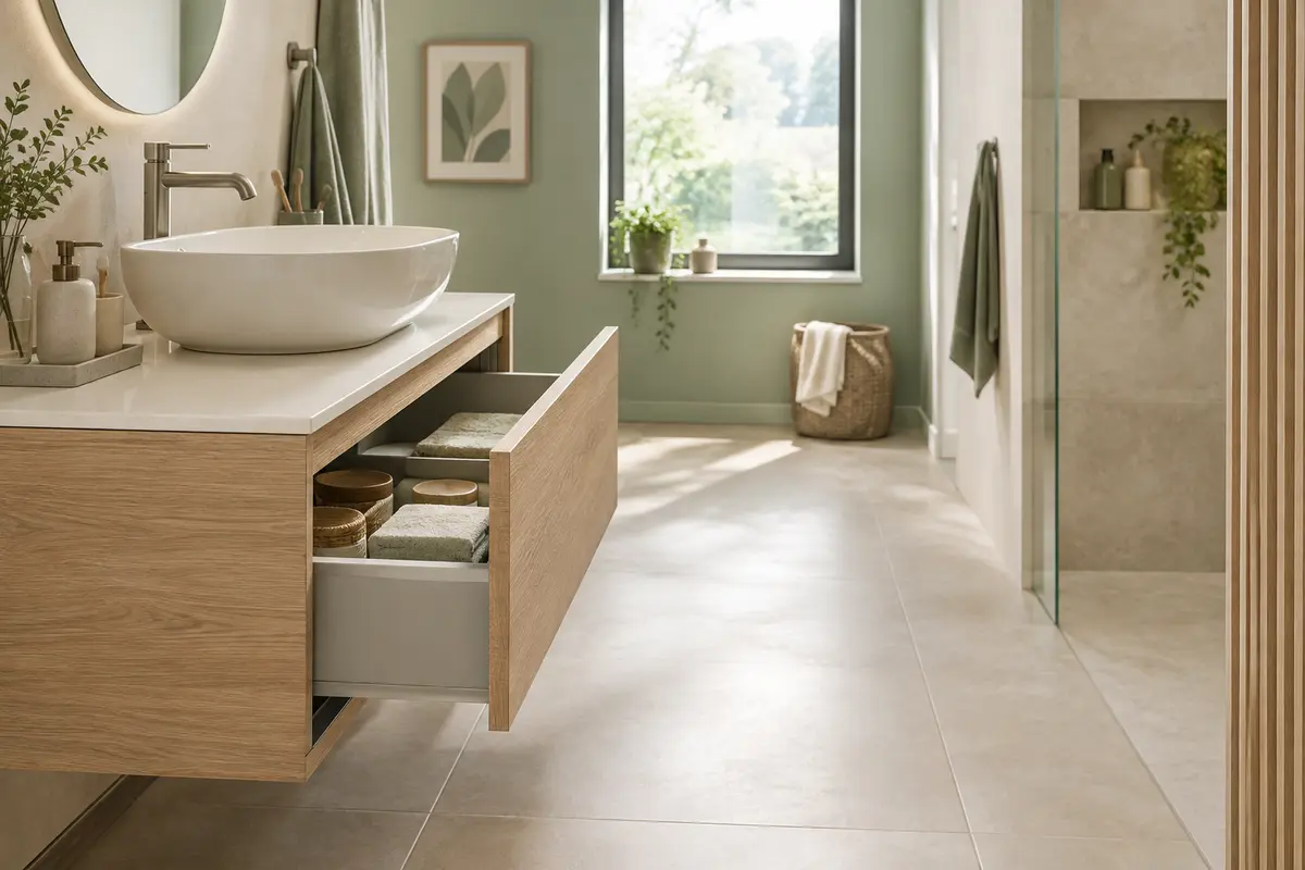 Meuble sous lavabo avec tiroir ouvert et passage dégagé dans une salle de bain claire