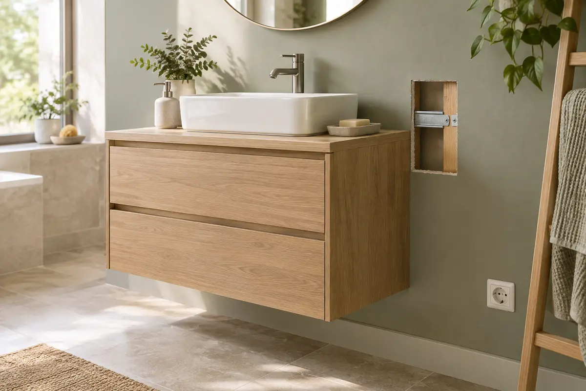 Meuble sous lavabo suspendu devant une cloison en plaques de plâtre avec renfort visible