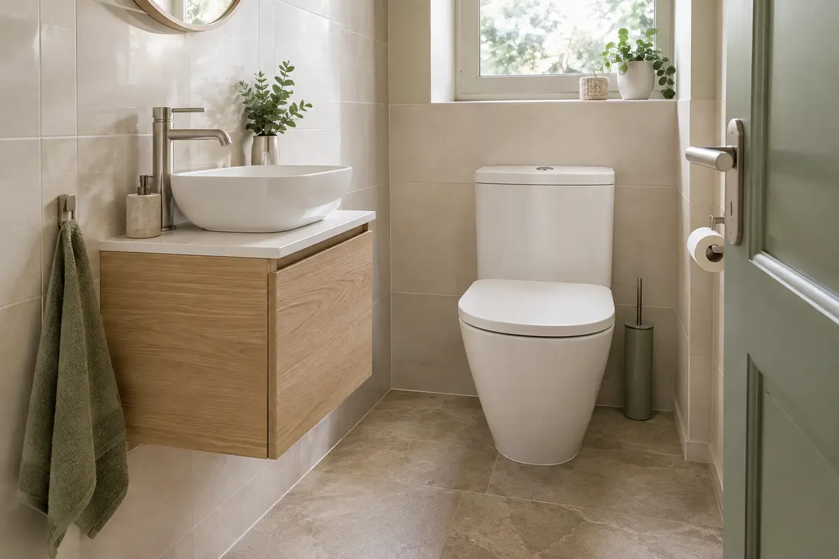 Meuble lave-mains suspendu compact installé près d’une cuvette dans des toilettes étroites