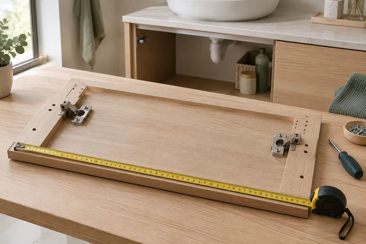 Façade de meuble sous lavabo déposée, avec charnières et mesures relevées au mètre ruban
