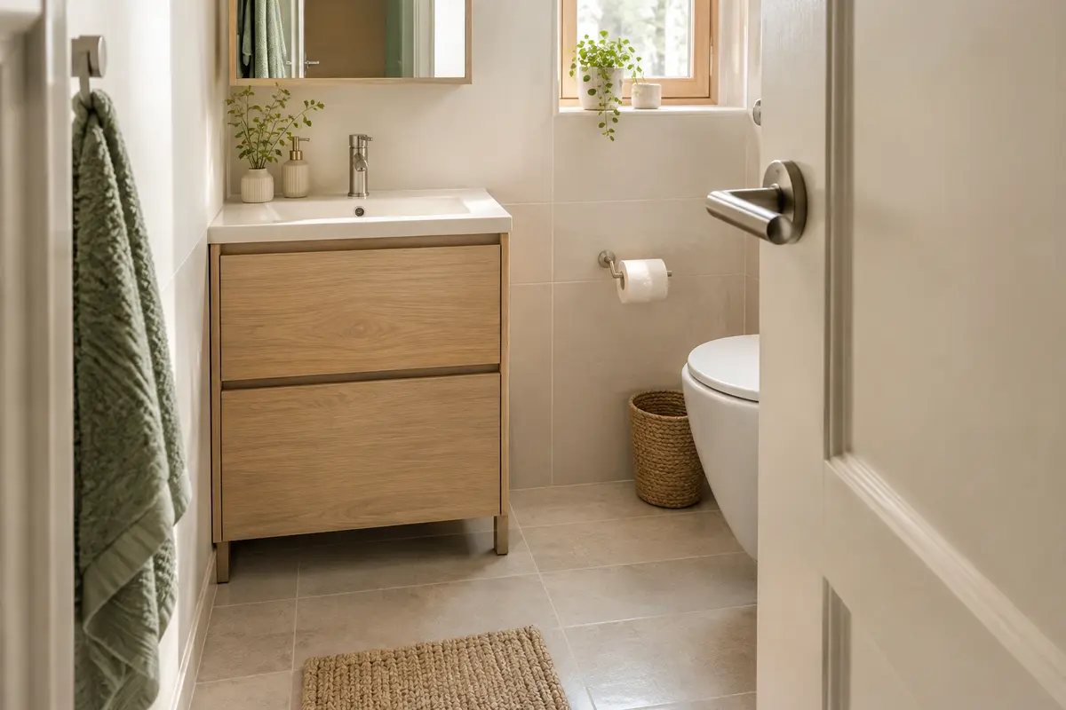 Meuble sous lavabo compact placé près d’une porte entrouverte dans une petite salle de bain