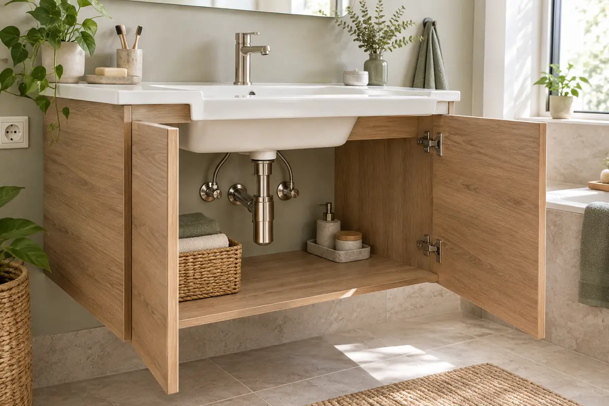 Meuble sous lavabo en finition bois, avec chants soignés et siphon accessible dans une salle de bain lumineuse