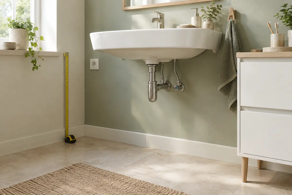 Relevé des dimensions sous un lavabo avec plinthe, siphon et arrivées d’eau visibles