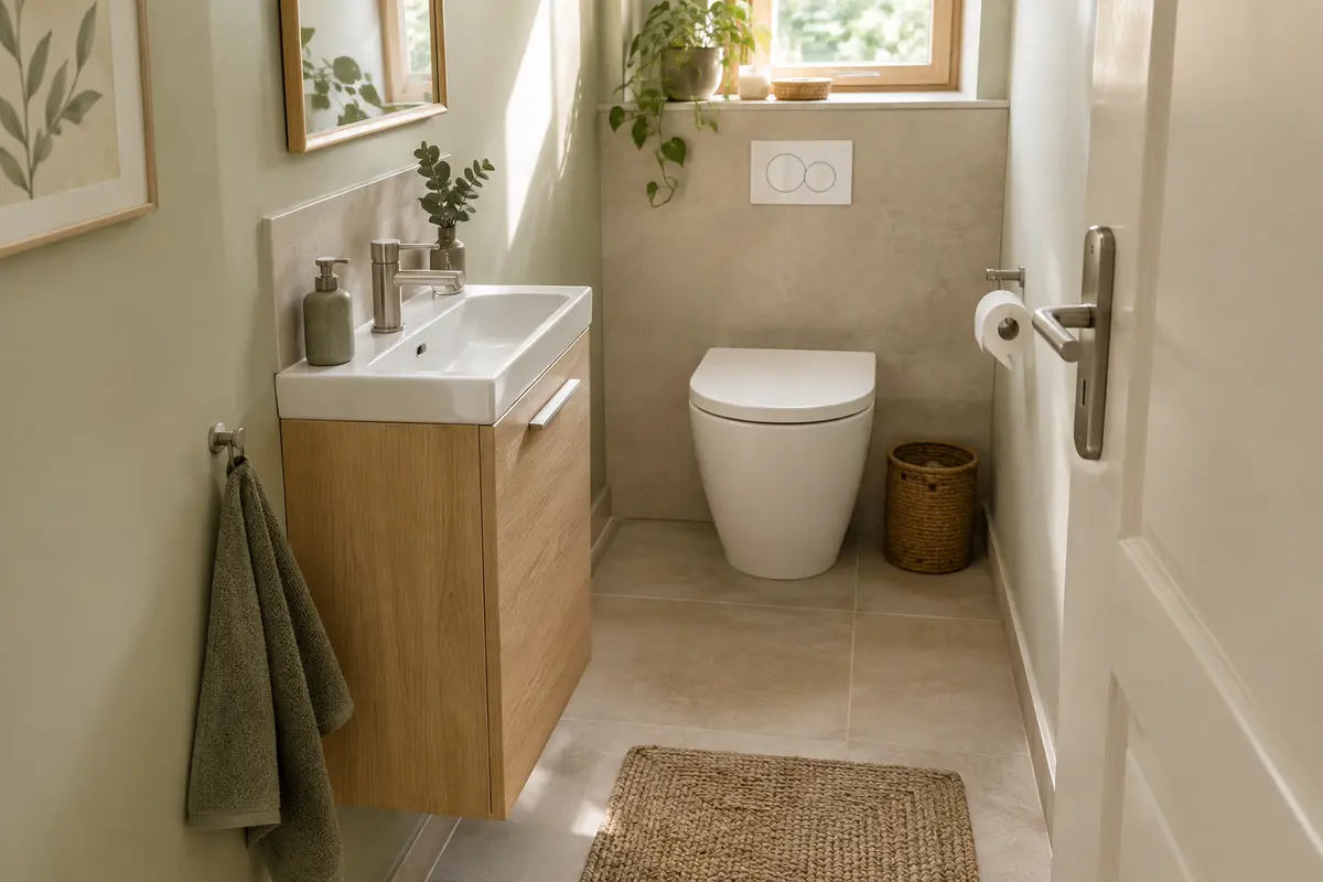 Meuble lave-mains compact avec vasque intégrée installé près d’une cuvette dans des toilettes étroites