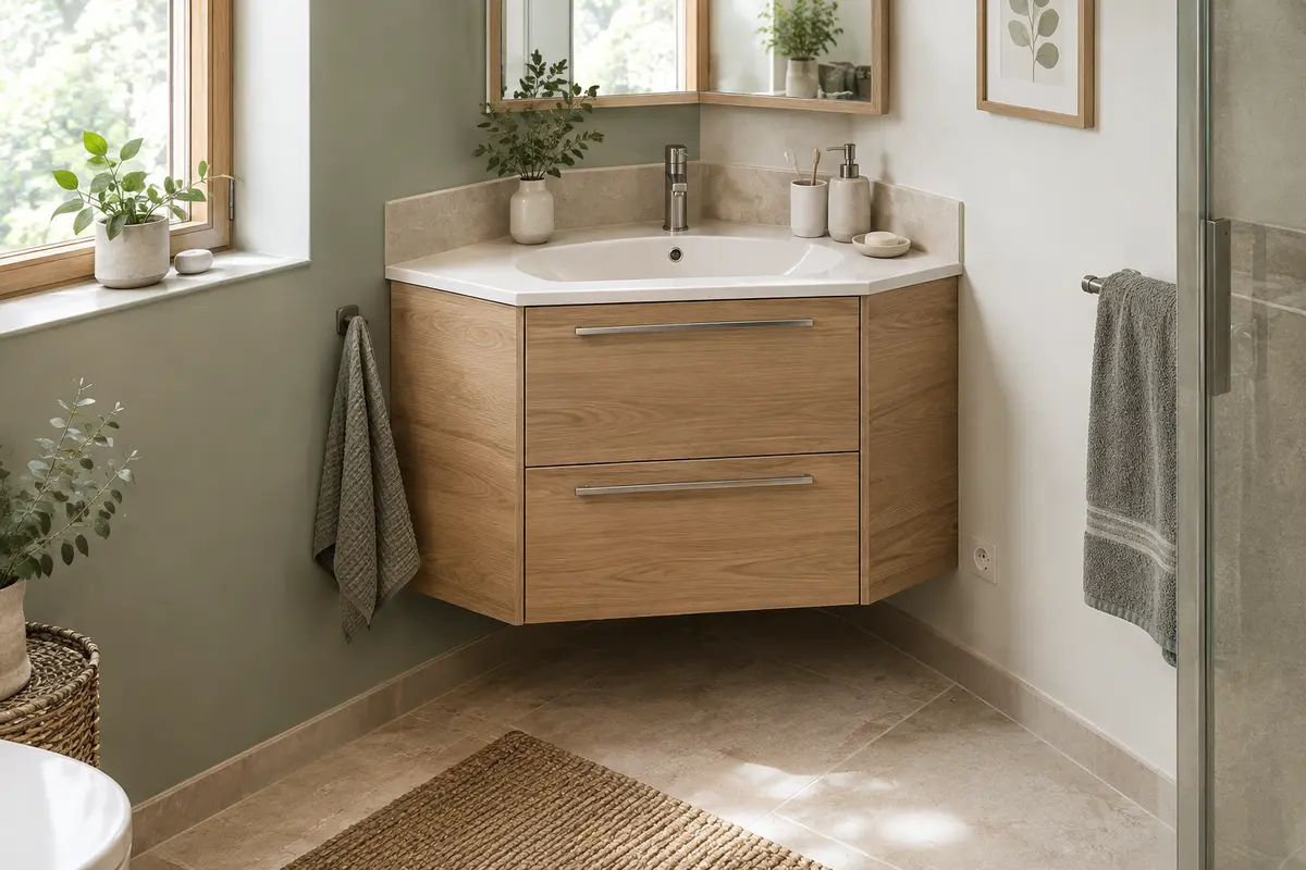 Meuble sous lavabo d’angle dans une petite salle de bain, avec vasque et portes dégagées