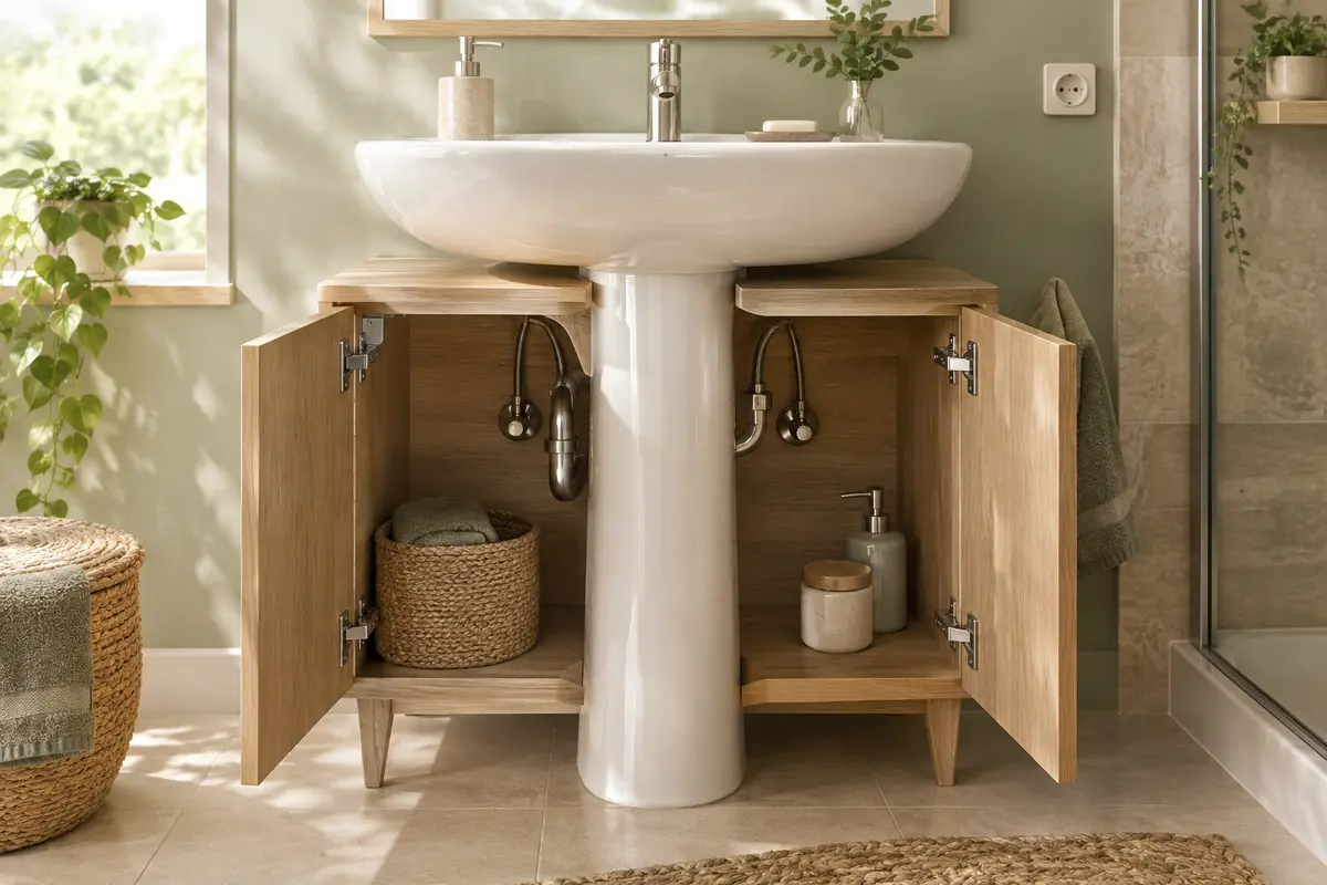 Meuble sous lavabo entourant une colonne en céramique avec le siphon accessible derrière une porte ouverte