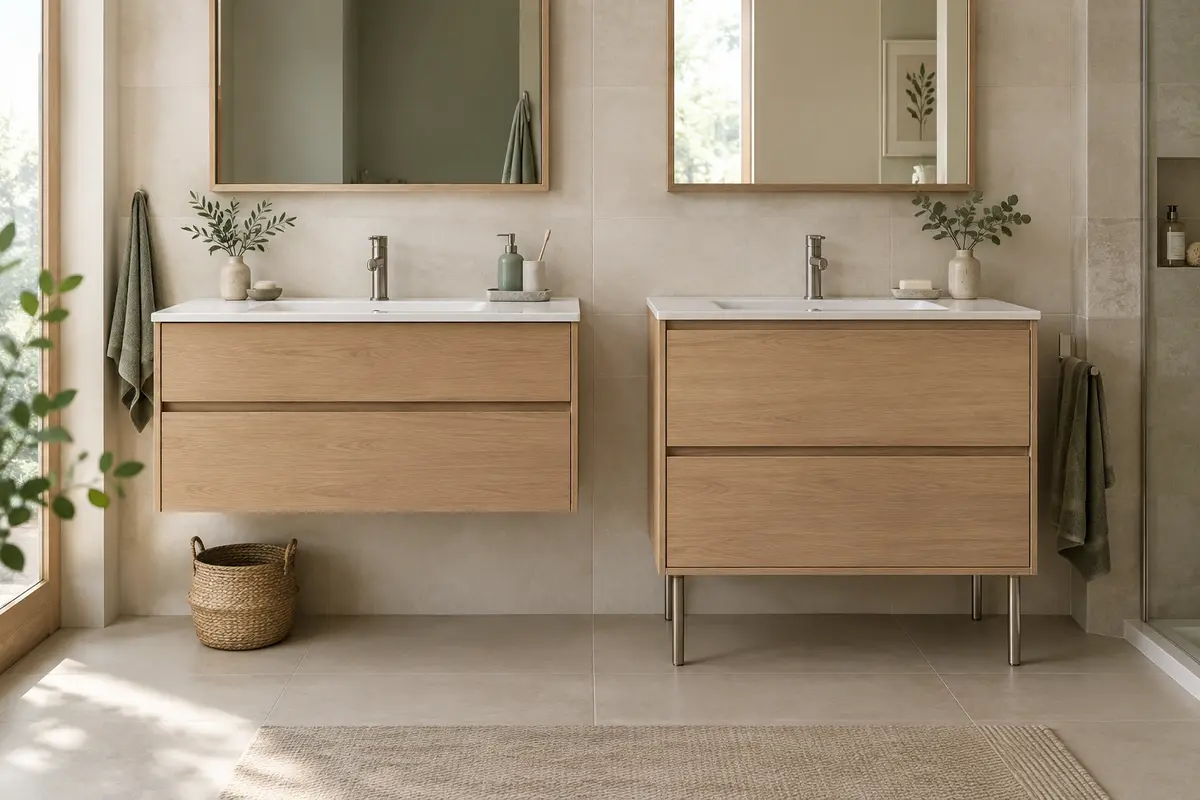 Comparaison d’un meuble sous lavabo suspendu laissant le sol libre et d’un modèle reposant sur pieds.