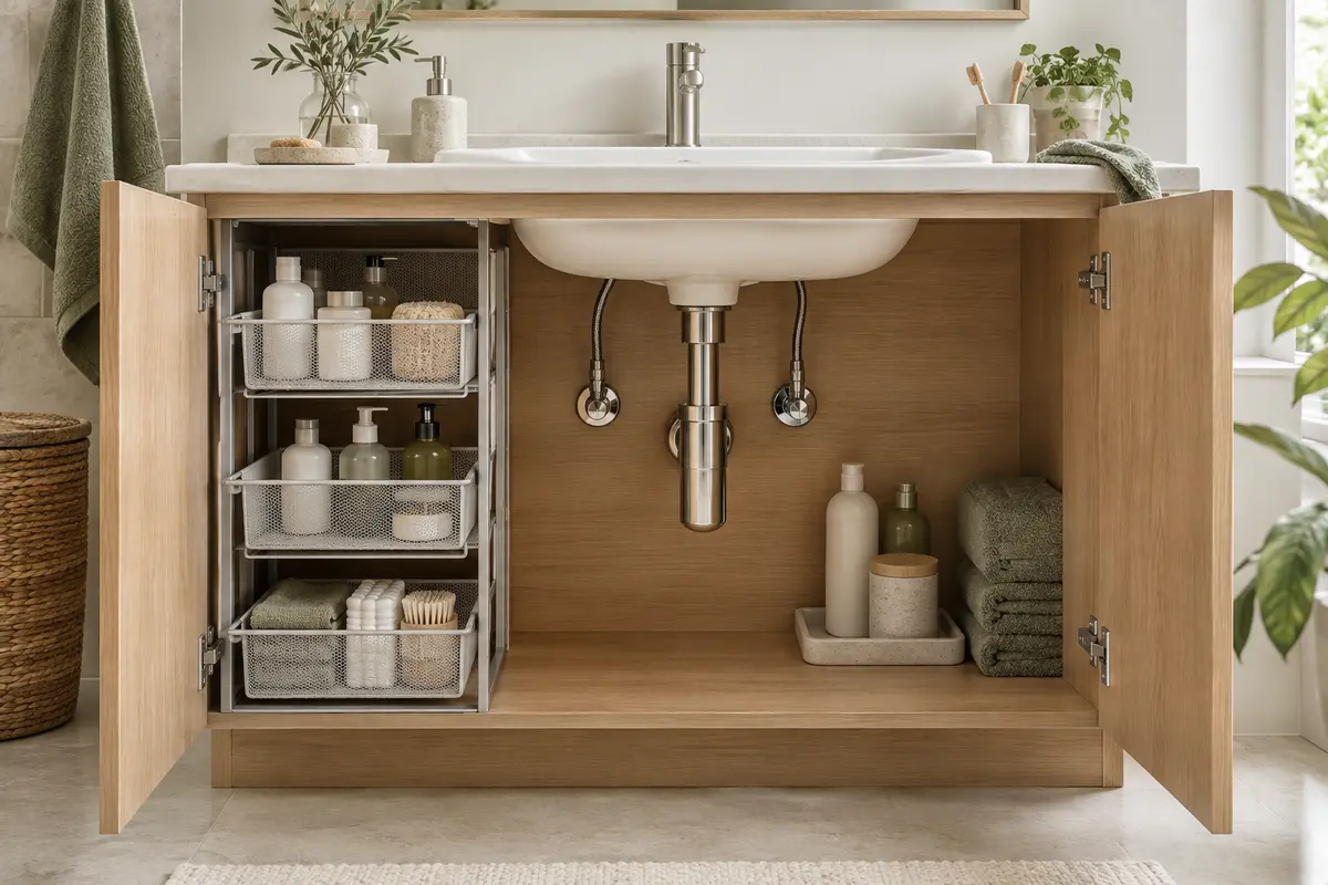 Organisateur à paniers sous un lavabo, avec le siphon et les raccordements laissés accessibles