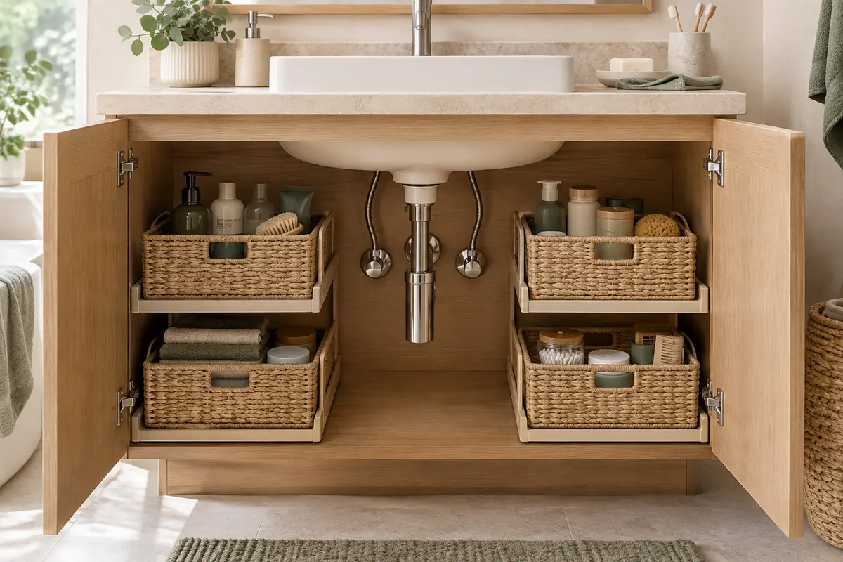 Meuble sous lavabo partagé avec des paniers distincts et le siphon laissé accessible.