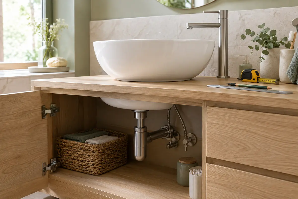 Plan vasque posé sur un meuble en bois, avec robinet et raccordements visibles sous la vasque.